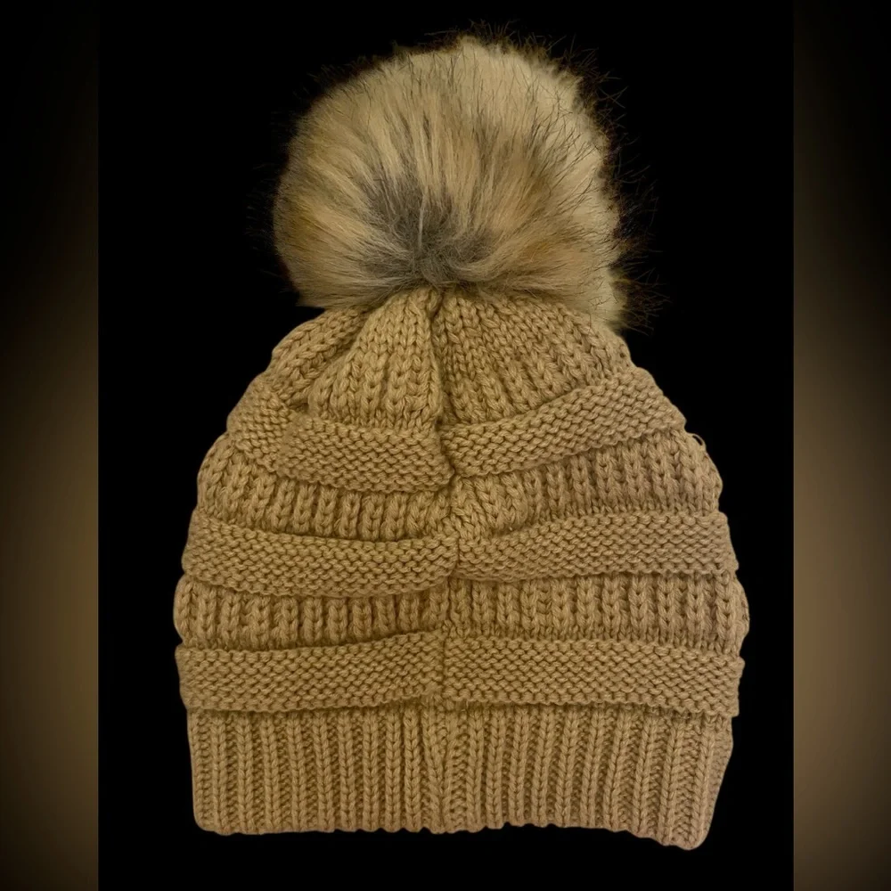 CC-Cozy Tan Knit Beanie with Faux Fur Pom - Picture 4 of 7